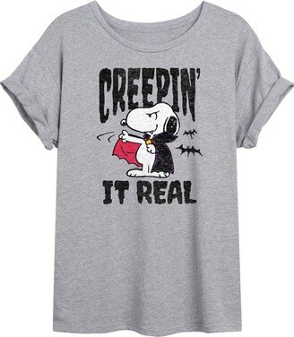 HYBRID APPAREL - Peanuts - Creepin It Real - Juniors Ideal Flowy Muscle T-Shirt - Size 2 X-Large Heather Grey