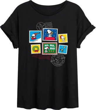 Hybrid Apparel - Peanuts - Christmas - Ho Ho Ho Holiday Stamps - Juniors Ideal Flowy Muscle T-Shirt - Size X-Large Black