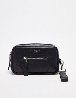 leather washbag with front zip detail in black