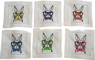 Easter Bunny With Glasses Linen Cocktail Napkins, Trendy Coasters, Hemstitched Napkins