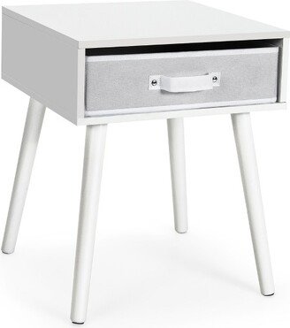 Mid-Century Nightstand End Accent Bedside Table W/ Fabric Drawer Rustic White