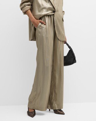 Metallic Liquid Effect Wide-Leg Pull-On Trousers