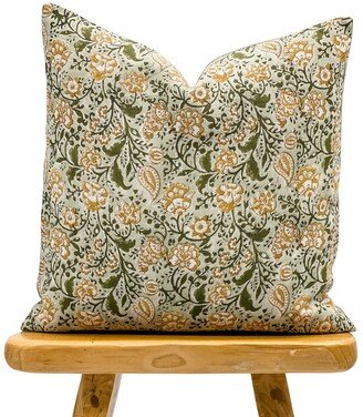 Designer Floral Print On Natural Linen Pillow Cover, Olive Green & Mustard Cover, Boho Pillow, Throw Pillow Cover