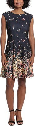 Petites Womens Floral Print Knee Length Fit & Flare Dress