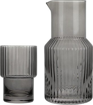 Ribbed 2-Piece Carafe Set Bedside Night Water Carafe, Glass Pitcher and Cup that Doubles as a Lid Glass Tumbler, Gray