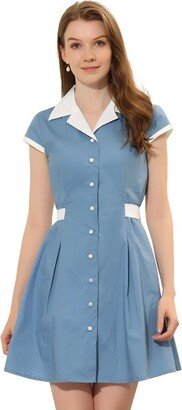 Allegra K Women' Vintage Button Down Flat Collar Belted Office Mini Shirt Dre Blue X-Small