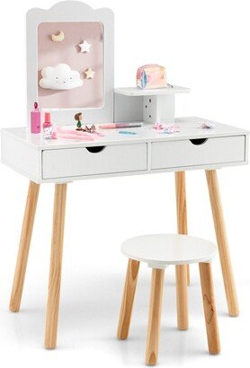 Children's Vanity Table and Chair Set with Mirror and 2 Spacious Storage Drawers-White - N/A