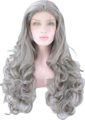 Unique Bargains Long Body Wave Lace Front Wigs for Women with Wig Cap 24 Gray Synthetic Fibre 1PC