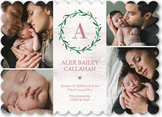 Birth Announcements: Monogram Laurel Birth Announcement, Pink, 5X7, Pearl Shimmer Cardstock, Scallop