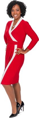 Colorblocked Faux-Wrap Sheath Dress - Crimson/cream