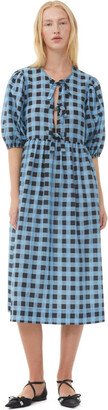 Checkered Cotton Silk Tie Band Midi Dress