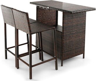 3 Pieces Outdoor Wicker Bar Set with 3 rows stemware racks - N/A