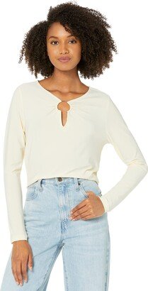 Women's Fitted Crop Top Long Sleeve Shirring Deep V Neck Shirt