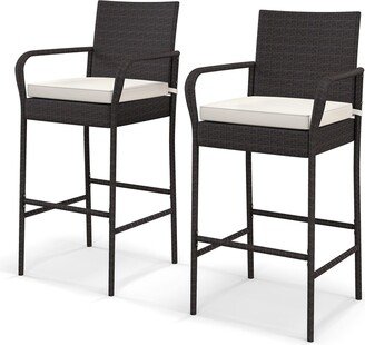 2PCS Patio PE Wicker Bar Chairs Counter Height Barstools with Cushions