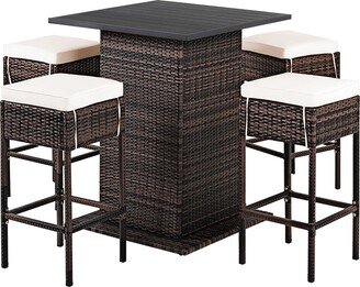 5 PCS Outdoor Rattan Bar Set Patio Bar Table with 4 Cushions Stools