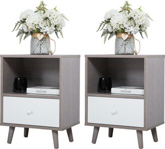 Aoolive Set of 2 Mid Century Bedside Table, Nightstand with Drawer and Shelf Storage, Side Accent Table for Living Room Bedroom