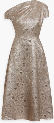 One-shoulder metallic brocade midi dress