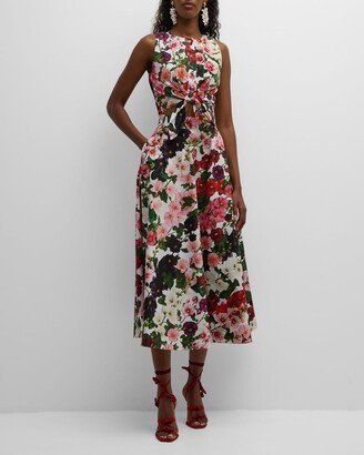 Hollyhocks-Print Button-Front Tie-Cutout Sleeveless Midi Dress