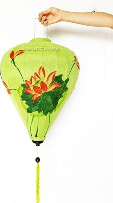 26'' Vietnamese Green Silk Lanterns Hand Painted With Lotus Flower & Dragonfly Custom Made Bamboo 66cm