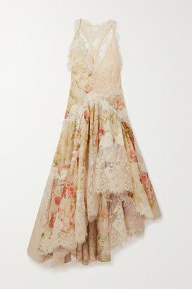 Asymmetric Lace-trimmed Floral-print Linen And Silk-blend Maxi Dress - Cream