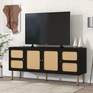 TOSWIN Boho Style Rattan TV Stand with Gold Metal Base, Woven Media Console, Up to 70 TVs