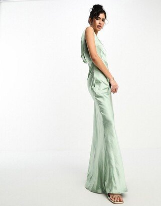 Six Stories Bridesmaids cowl back satin maxi dress in sage - part of a set