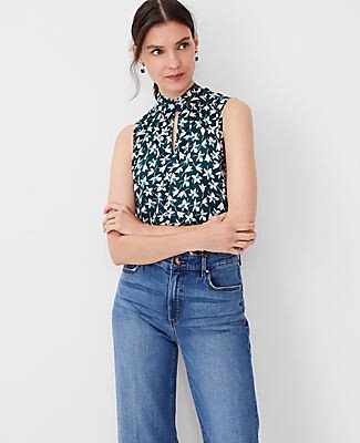 Floral Mixed Media Tie Neck Shell Top