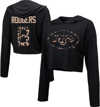 Women's Threads Aaron Rodgers Black New York Jets Leopard Player Name and Number Long Sleeve Cropped Hoodie T-shirt