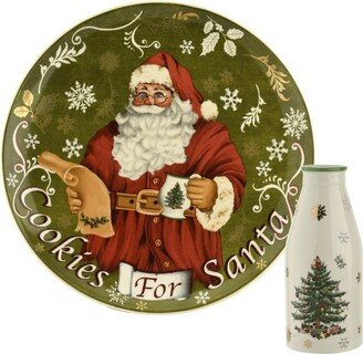 Christmas Tree Santa Cookies Plate and Milk Bottle - Plate: 8.5 in/Bottle: 10 oz.