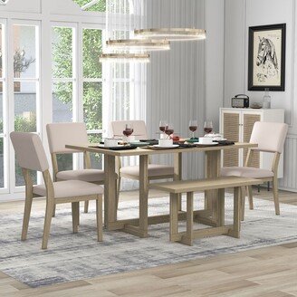 RASOO Solid Wood 6-Piece Dining Table Set with H-Shaped Support Design