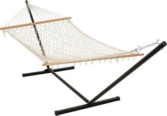 Sunnydaze Decor Sunnydaze Outdoor Cotton Rope Hammock with Unfinished Wood Spreader Bars and 12ft Black Steel Tri-Beam Stand