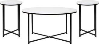 Hampstead Collection Coffee and End Table Set - White Laminate Top with Matte Black Crisscross Frame, 3 Piece Table Set