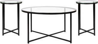 Greenwich Collection Coffee and End Table Set - Clear Glass Top with Matte Black Frame - 3 Piece Occasional Table Set