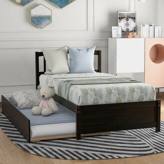 CTEX Twin Size Solid Wood Platform Bed with Twin Size Trundle Bed and Headboard, 79.5L x 41.7W x 37.5H