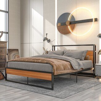 Aoolive Queen Size Metal Platform Bed Frame with Sockets, USB Ports and Slat Support