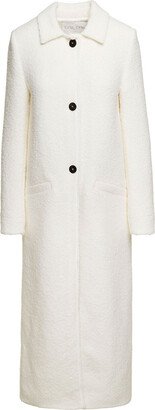 Long White Coat With Black Buttons And Collar In Bouclè Wool Woman