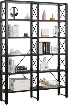EPOWP Double Wide 6-Tier Bookshelf, Industrial Open Large Bookcase, Wood and Metal Tall Bookshelves