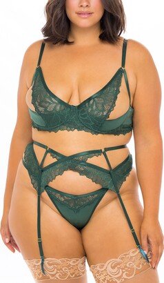 Ring Detail Lace Bra, Briefs & Garter Belt Set-AA