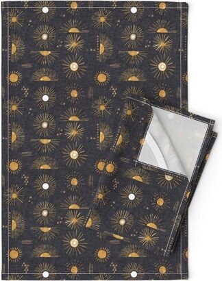 Geometric Sky Tea Towels | Set Of 2 - Sun Rays Charcoal By Nouveau Bohemian Mustard Gold Boho Baby Linen Cotton Spoonflower