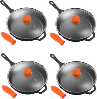 12 Inch Pre Seasoned Nonstick Cast Iron Skillet Frying Pan Kitchen Cookware Set with Tempered Glass Lid and Silicone Handle Cover (4 Pack)