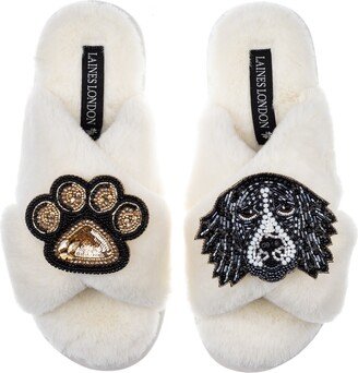 Laines London Classic Laines Slippers With Bentley The Black & White Spaniel & Paw Brooches - Cream