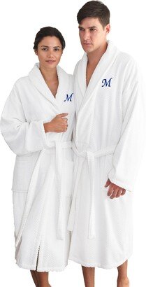 Authentic Hotel and Spa White with Royal Blue Monogrammed Herringbone Weave Turkish Cotton Unisex Bath Robe