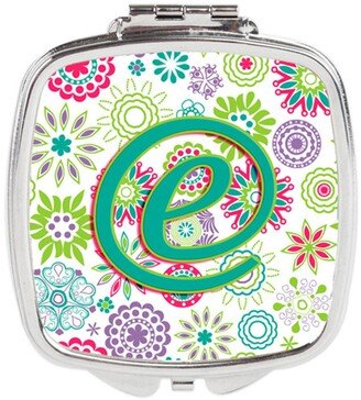 CJ2011-ESCM Letter E Flowers Pink Teal Green Initial Compact Mirror