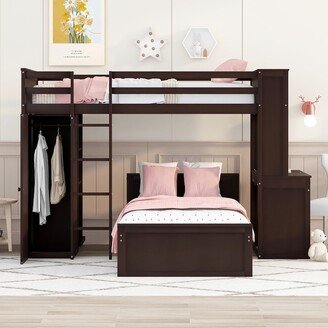 NINEDIN Twin Size Bed Frame with a Stand-Alone Bed Shelves Desk & Wardrobe