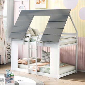 Twin over Twin Wood House Bunk Bed with Roof and Built-in Ladder, White