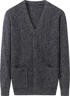 Jegsnoe Autumn Winter V-Neck Men Cardigan Sweater Jacquard Thickened Knitted Cashmere Sweater Coat Balck Gray S