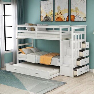 TiramisuBest Solid Wood Bunk Bed with Trundle and Staircase,Twin Over Twin Bed