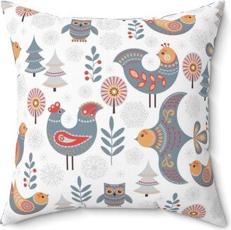 Scandinavian Boho Throw Pillow, Retro Floral Norwegian Folk Art, Winter Birds Owls, White Gray Pillowcase, Swedish Hygge Nordic Christmas