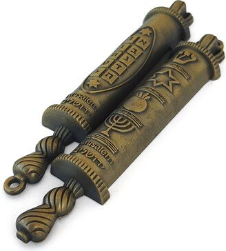 Torah Door Mezuzah With Jewish Symbols Menorah, Shadai, Ten Commandments, Pomegrante & Star Of David, Metal Bronze Color