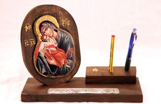 Blessed Virgin Mary With Jesus Christ - Theotokos -Greek Orthodox Catholic Christian Byzantine Wooden Pen Stand